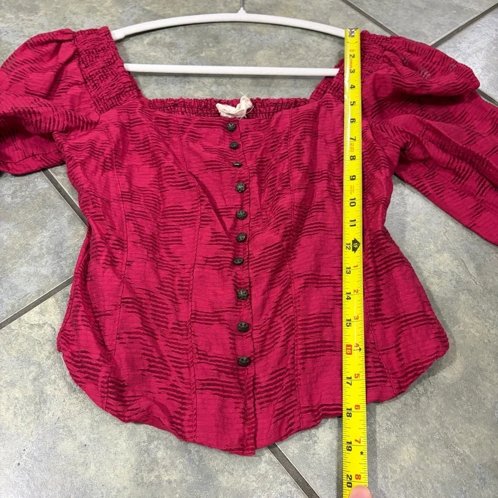Anthropologie Pink Floral Ruffle Blouse Smocked Puff Sleeve Sz XS Cottagecore